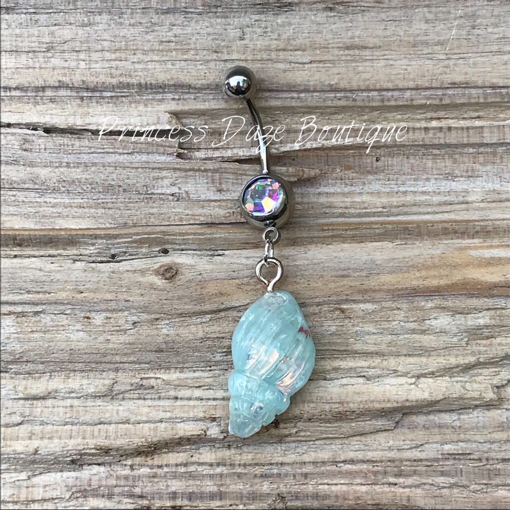 Iridescent Blue Sea‎ Shell Belly Button Ring